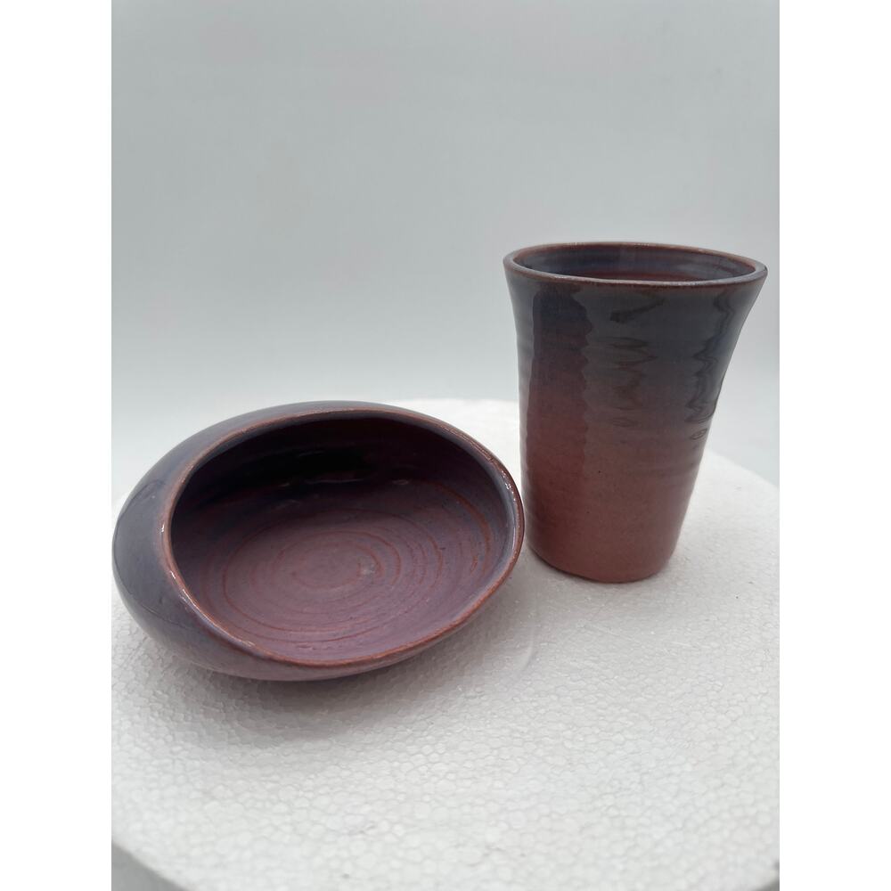 Pottery hand thrown glazed cup soap dish bathroom accessories Pink Grey ombre
